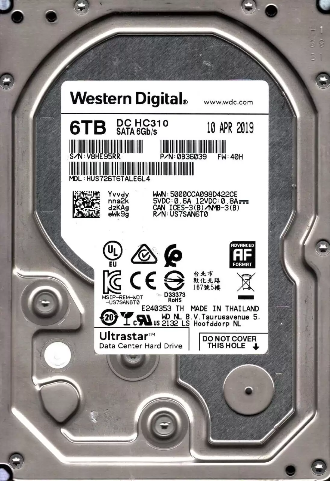 Western Digital HUS726T6TALE6L4 Ultrastar DC HC310 6TB SATA 6Gb/s 7200RPM 256GB Cache (SE / 512e) 3.5-inch Internal Hard Drive