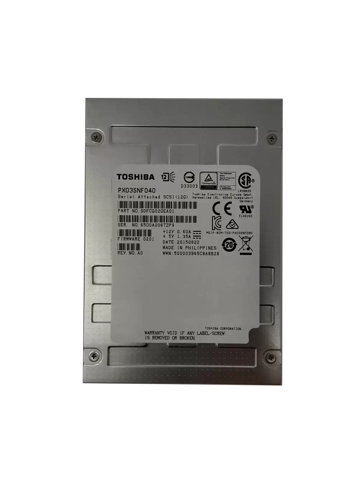 Toshiba PX03SNF040 PX03SN Series 400GB SAS 12Gb/s eMLC PLP 2.5Inch Solid State Drive