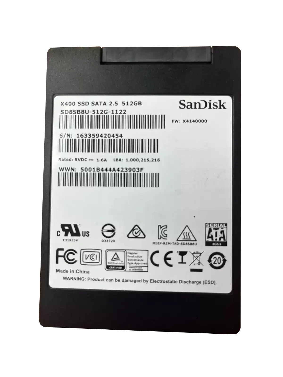 Sandisk SD8SB8U-512G-1122 X400 Series 512GB SATA 6Gb/s AES-256 TCG Opal 2.0 2.5-inch Solid State Drive